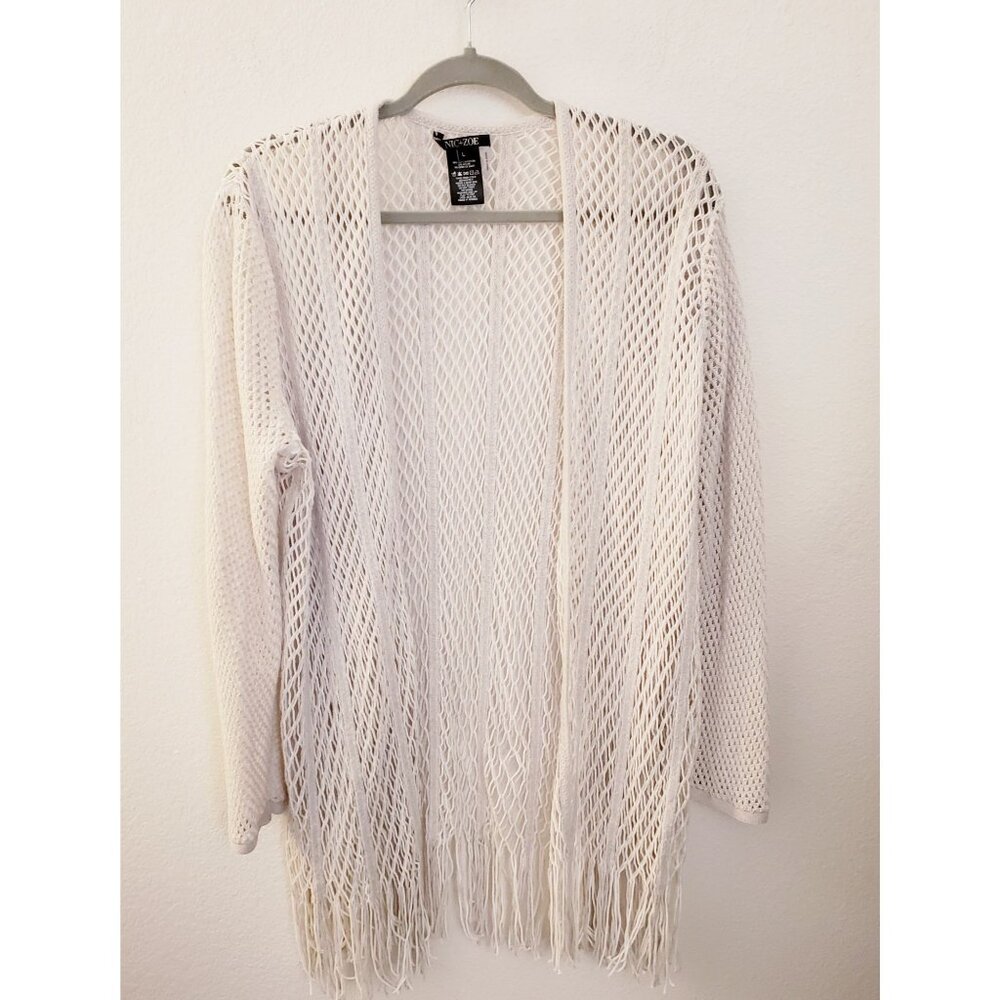 Nik + Zoe Fringed Hem Cotton Blend Crochet Cardigan Sz L EUC MSRP $189